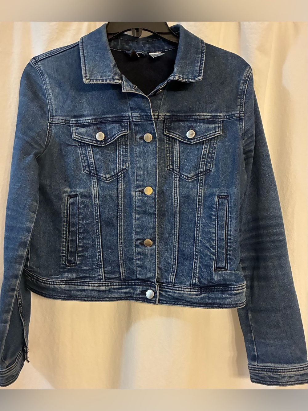 Divided 5 Button, 4 Pocket Jean Jacket. Quilted Multicolor Sun Rising on Back.